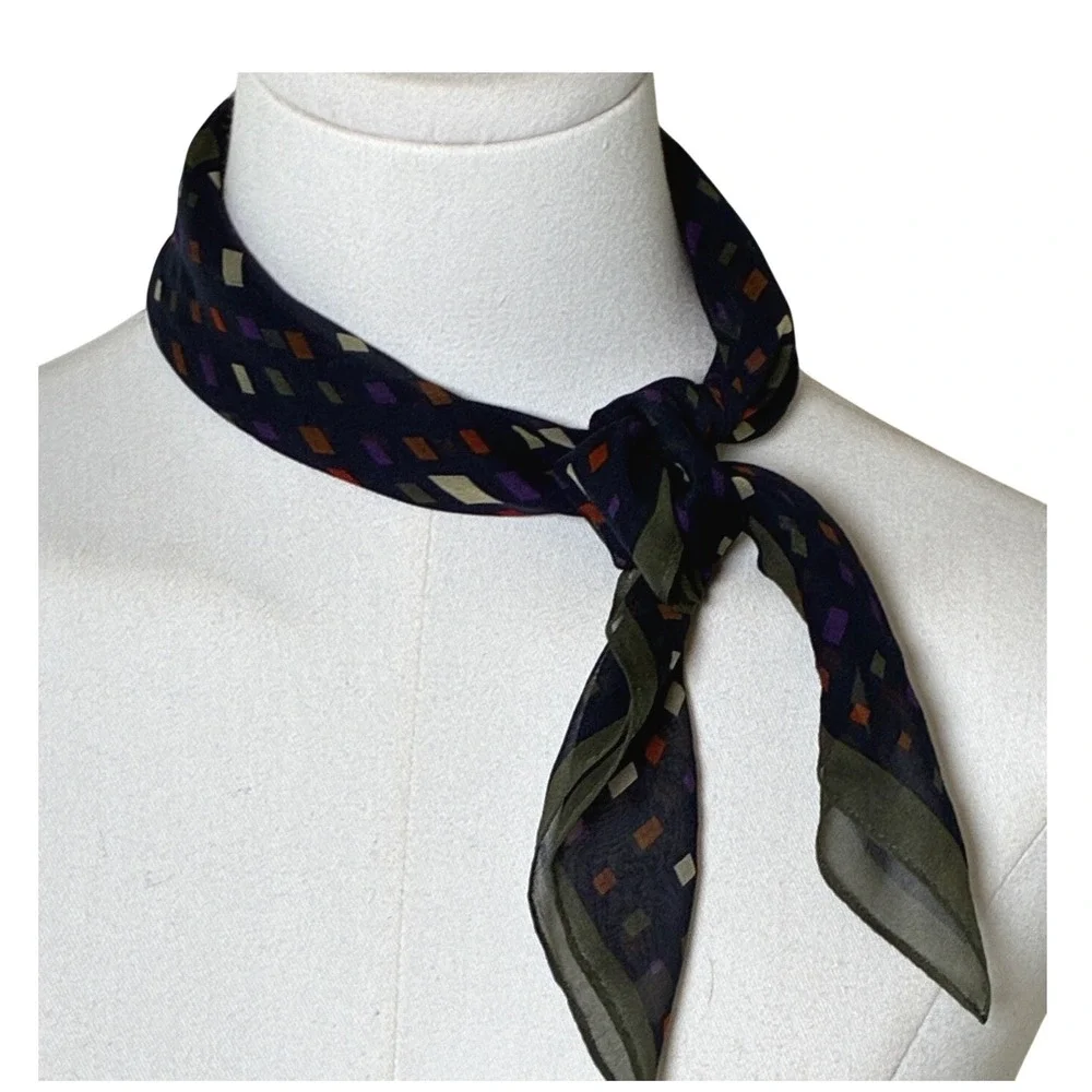 Talbots Silk Square Scarf Geometric Mosaic Print Navy Sheer Made Japan OS